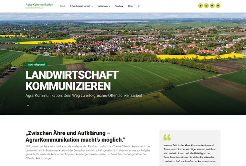 Ein Screenshot der Startseite der Website Agrarkommunikation
